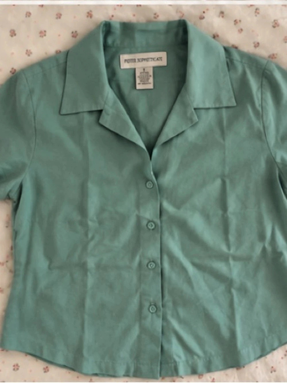 100% Silk Button Front Blouse Short Sleeve Collared